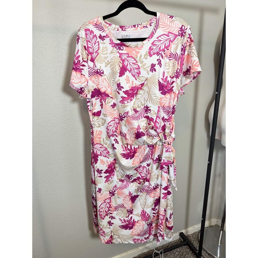 Croft & Barrow Womens‎ XL Tropical Leaf Side Knot Tie Sheath Dress Pink White